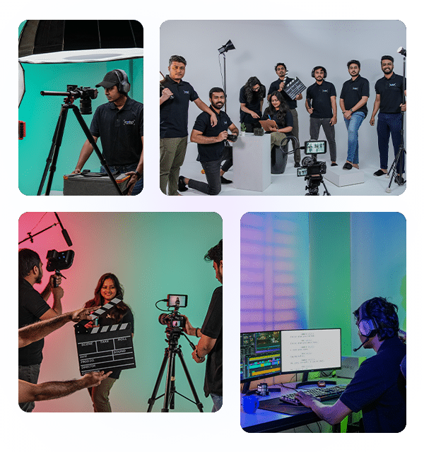 Product Video Studio team shooting product photos and videos in a professional studio with cameras, lighting, and an editing workstation
