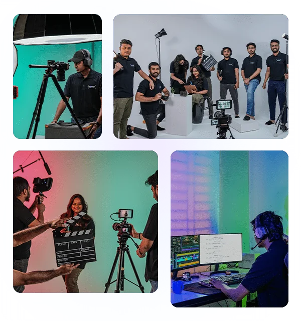 Product Video Studio team shooting product photos and videos in a professional studio with cameras, lighting, and an editing workstation